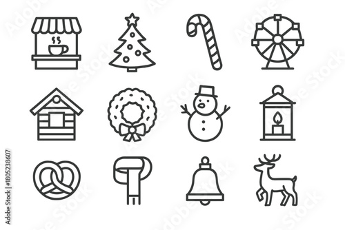 Christmas Fair Icons. Holiday Market. Line outline icon set of christmas fair elements: hot drink stall,
