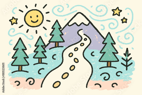 Mountain Winter Adventure. "Winter hiking in the mountains". Cute doodle of mountain view with footprints