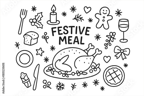 Festive Doodle Feast. Festive Meal. Hand-drawn doodle illustration of roasted turkey dinner for holidays. In
