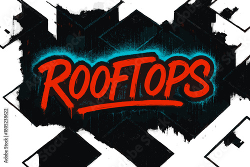 Urban Neon Graffiti. Rooftops aerial. neon graffiti lettering, bold spray-paint strokes, dripping rain