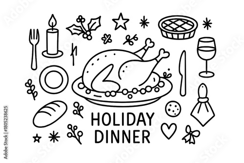 Festive Turkey Doodle. Holiday Dinner. Hand-drawn doodle illustration of roasted turkey surrounded by festive