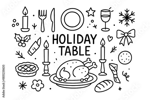 Festive Holiday Feast. Holiday Table. Hand-drawn doodle illustration of Christmas dinner with turkey and
