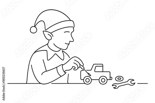 Elf Toy Assembly. Christmas Helper. Minimalistic one-line drawing elf assembling toys with tools and parts,