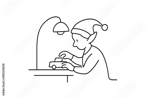 Artisan Elf Illustration. Tiny Artisan. Minimalistic one-line drawing elf adjusting toy on workbench under