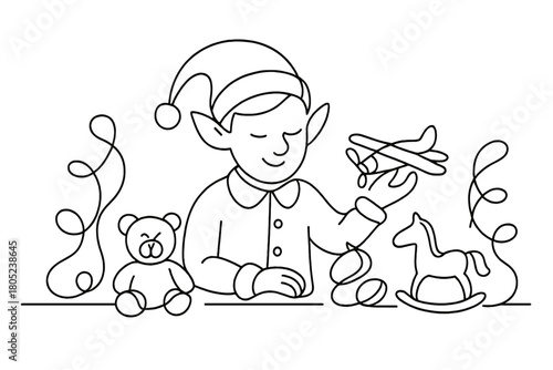 Minimalistic Santa's Workshop. Santa’s Workshop. Minimalistic one-line drawing elf surrounded by toys and