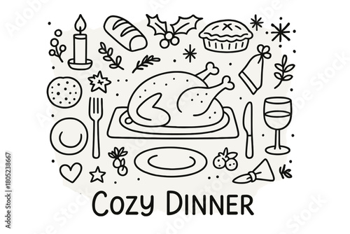 Cozy Christmas Dinner. Cozy Dinner. Hand-drawn doodle illustration of warm Christmas dinner with roasted