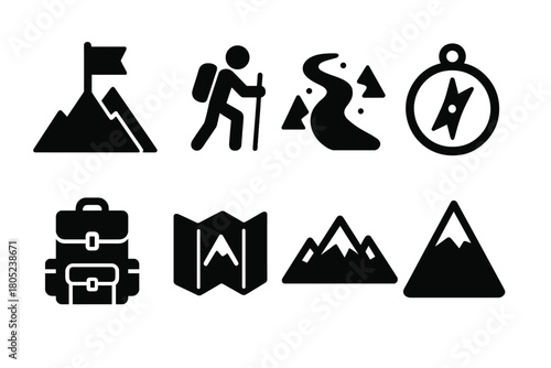 Mountain Adventure Icons. Mountain Adventure. Filled icon set of Mountain Adventure: summit flag, hiker, snow