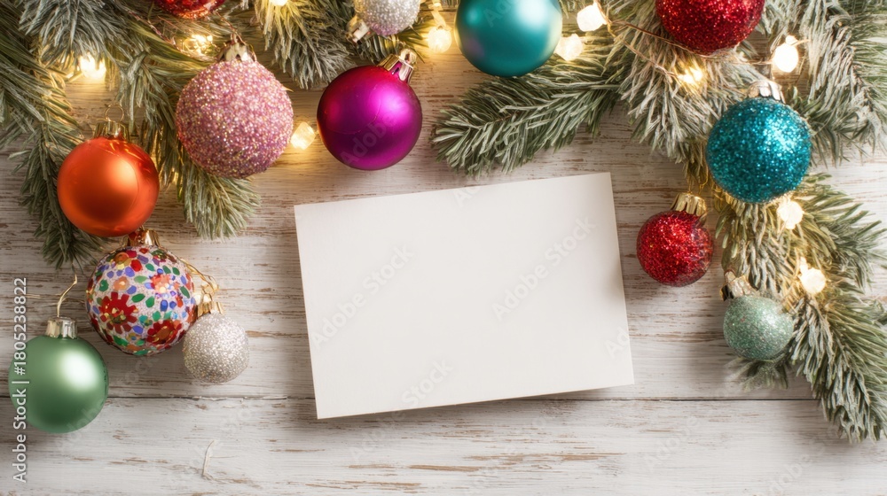 Fototapeta premium Colorful ornaments in red green blue and silver surround a blank card on a rustic wooden table. Sparkling lights enhance the festive atmosphere perfect for holiday greetings.