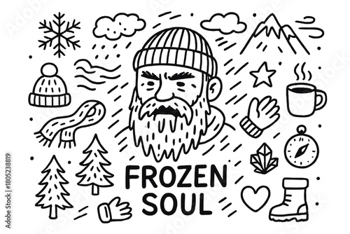 Frozen Soul Illustration. Frozen Soul. Hand-drawn doodle illustration of a bearded man enduring snowstorm. In