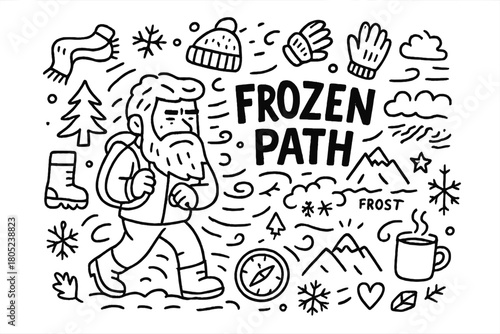 Icy Adventure Doodles. Frozen Path. Hand-drawn doodle illustration of a bearded traveler walking through icy