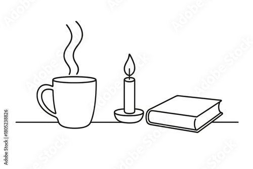 Minimalist Cozy Setup. Still Moment. Minimalistic one-line drawing steaming mug beside candle and book,