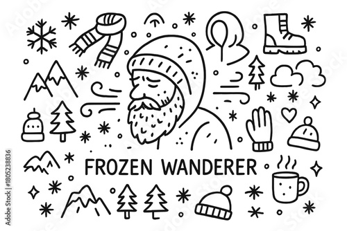 Frozen Wanderer Doodle. Frozen Wanderer. Hand-drawn doodle illustration of a bearded man facing icy wind. In