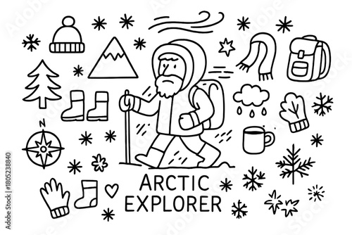 Arctic Adventure Doodle. Arctic Explorer. Hand-drawn doodle illustration of a bearded man exploring snowstorm