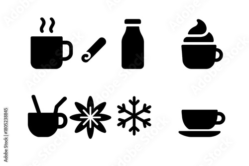 Winter Beverage Icons. Winter Beverage. Filled icon set of Winter Beverage: steaming mug, cinnamon, milk