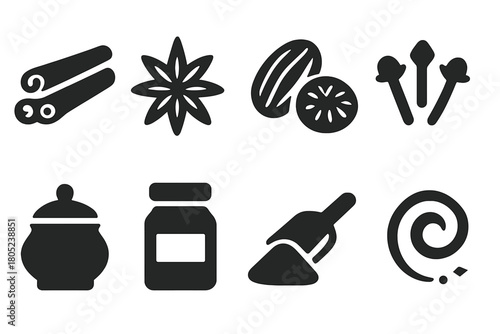 Cinnamon Spice Icons. Cinnamon Spice. Filled icon set of Cinnamon Spice: cinnamon sticks, star anise, nutmeg,