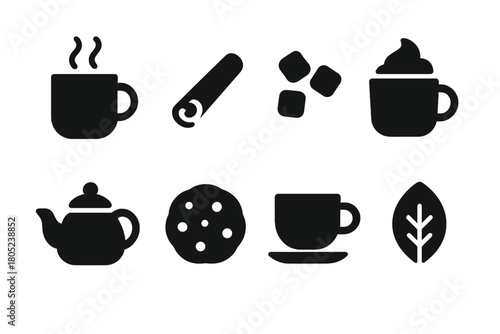 Cozy Drink Icons. Cozy Drinks. Filled icon set of Cozy Drinks: steaming mug, cinnamon stick, marshmallows,