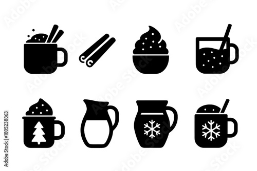 Eggnog Icon Set. Eggnog with Cinnamon Sticks. Filled icon set of Eggnog with Cinnamon Sticks: eggnog mug,