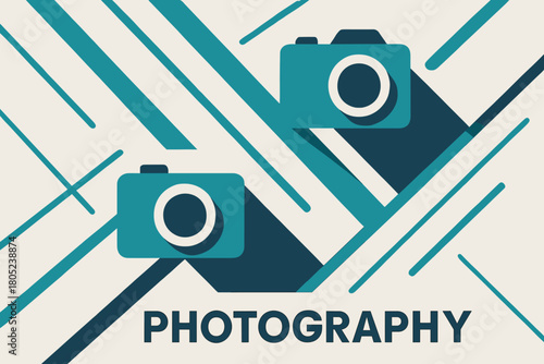 Dynamic Camera Symbols. Photography in motion. geometric sans heavy, flat fills, long angled shadows,