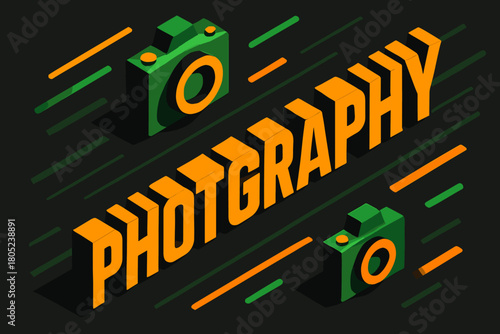 3D Photography in Motion. Photography in motion. isometric 3D lettering, bold blocky forms with angled