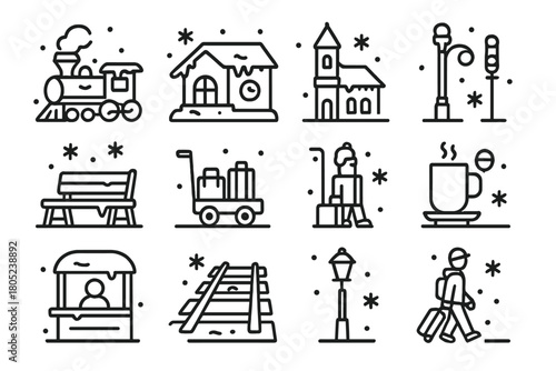 Snowy Train Icon Set. Winter Train Station. Line outline icon set of snowy railway scenes: steam train with