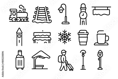 Winter Rail Icon Set. Train Travel in Snow. Line outline icon set of winter rail transport: train engine,