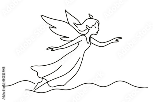 Frost Spirit Silhouette. Frost Spirit. Minimalistic one-line drawing ethereal fairy gliding over snowy ground,