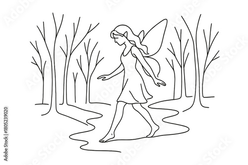 Fairy on Icy Path. Icy Path. Minimalistic one-line drawing fairy stepping carefully through winter forest,