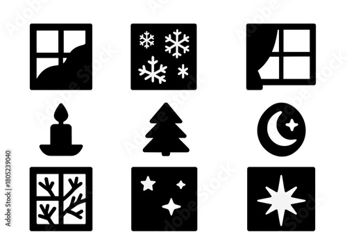 Winter Icon Set. Winter Window. Filled icon set of Winter Window: frosty pane, snowflakes, curtain, candle,