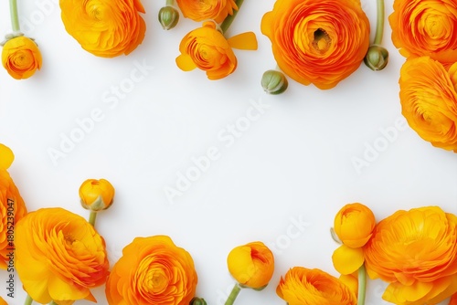 Wallpaper Mural Vibrant floral border. Bright orange ranunculus flowers arranged on white background with empty space, flat lay top view Torontodigital.ca