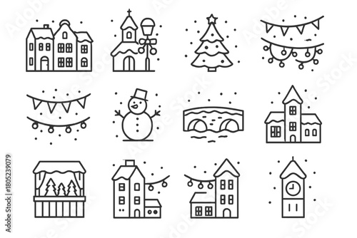 Old Town Christmas Icons. Old Town Christmas. Line outline icon set of european holiday streets: decorated
