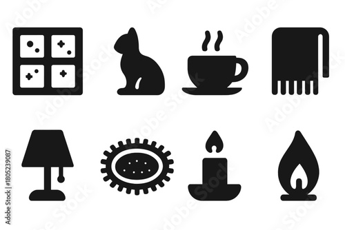 Cozy Winter Icons. Warm Indoors. Filled icon set of Warm Indoors: window view, cat, cup of tea, blanket, lamp,
