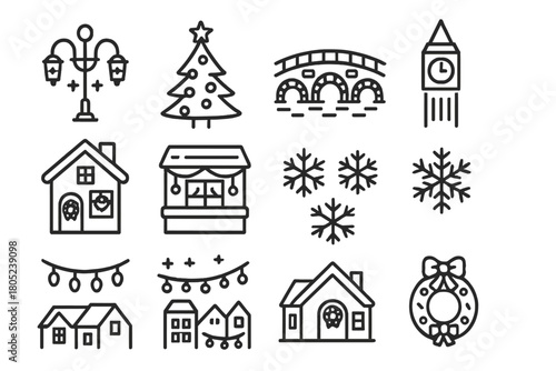Festive Town Icons. Christmas Street Scene. Line outline icon set of festive town elements: illuminated