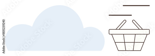 Cloud shape adjacent to a simplistic shopping basket design with motion lines. Ideal for digital commerce, online shopping, cloud technology, retail innovation, e-commerce, data services