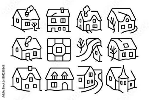Winter City Icon Set. Snow-Covered City Blocks. Line outline icon set of aerial winter rooftops: snow-topped