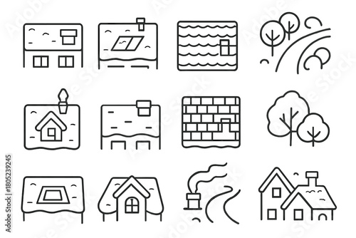 Winter Rooftop Icons. Winter Rooftop Patterns. Line outline icon set of snow-covered city top view: house