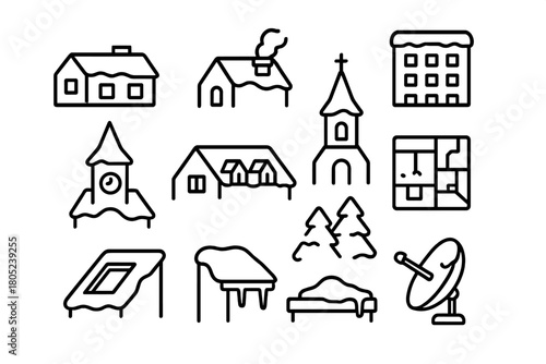 Snowy Rooftop Icons. Snowy Rooftops. Line outline icon set of aerial winter town views: snow-covered houses,