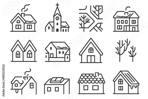 Winter Town Geometry. Winter Town Geometry. Line outline icon set of aerial snowy architecture: repeating