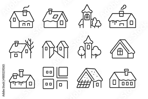 Winter Rooftop Icons. Frosty City Rooftops. Line outline icon set of winter aerial views: slanted roofs with
