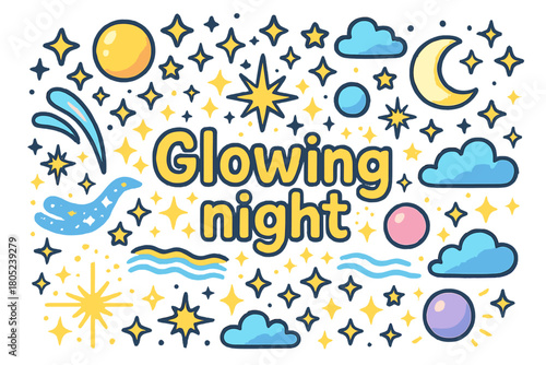 Glowing Night Doodle. Glowing night. Hand-drawn doodle illustration of glowing night. Stars, sparkles, glowing