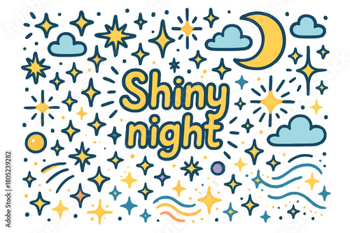 Shiny Night Doodle Art. Shiny night. Hand-drawn doodle illustration of shiny night. Stars, sparkles, glow