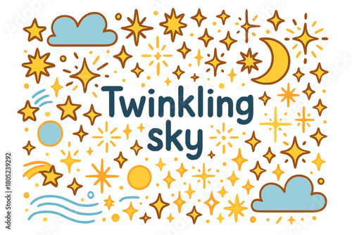 Twinkling Sky Doodle. Twinkling sky. Hand-drawn doodle illustration of twinkling sky. Stars, moon, spark