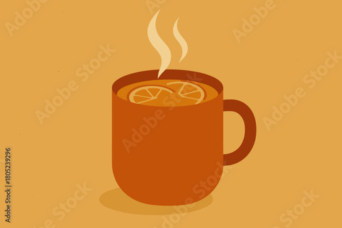 Retro Apple Cider Mug. minimalist flat illustration of a steaming mug of apple cider with orange slices