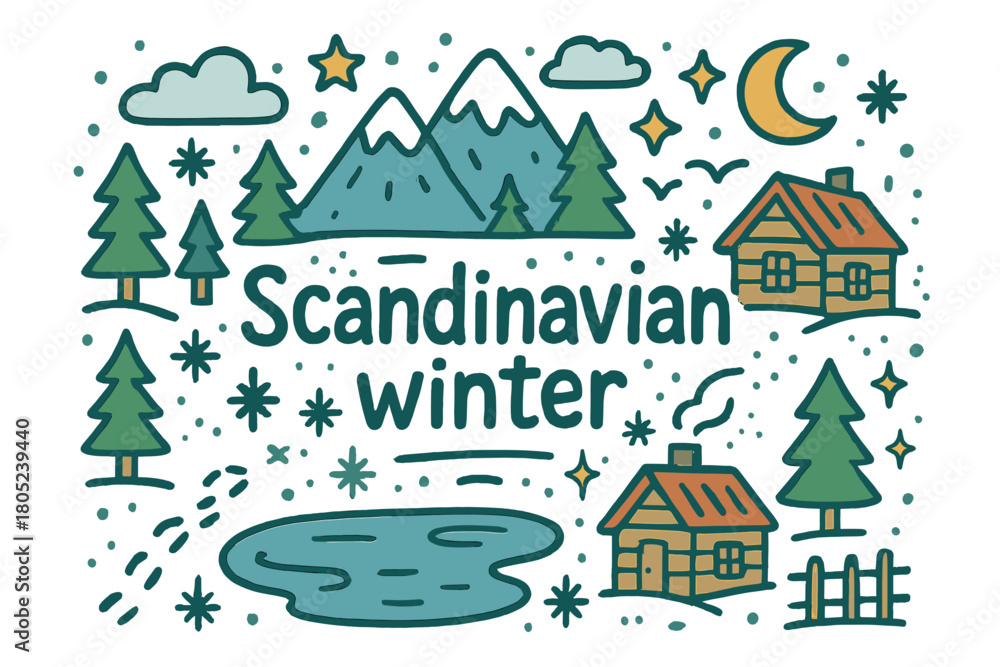 Fototapeta premium Scandinavian Winter Wonderland. Scandinavian winter. Hand-drawn doodle illustration of Scandinavian winter.