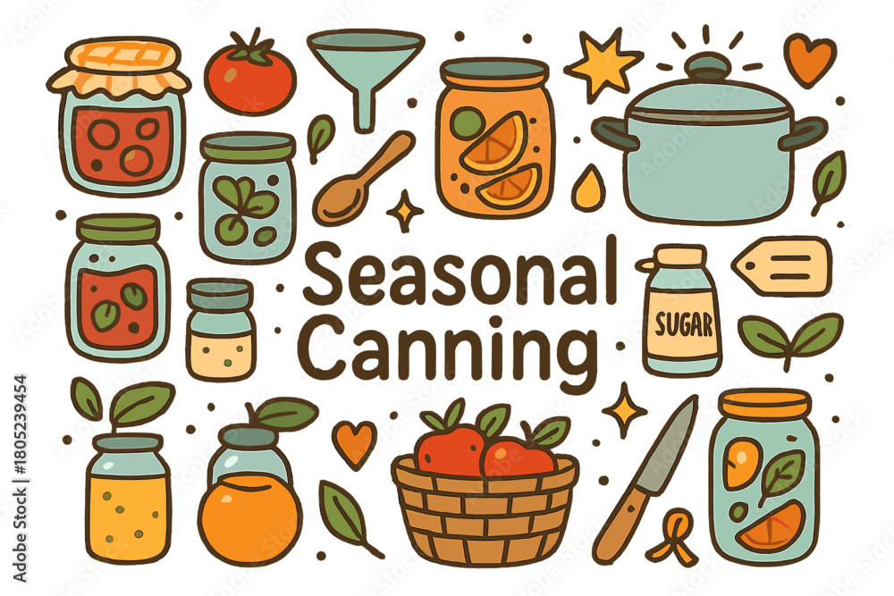 Fototapeta premium Seasonal Canning Doodles. Seasonal canning. Hand-drawn doodle illustration of seasonal canning. Mason jars,