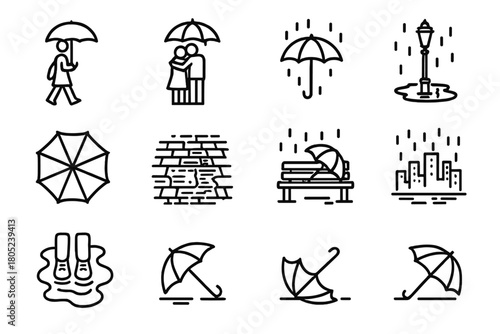 Umbrella Street Icons. Umbrella Street. Line outline icon set of street photography with umbrellas: people