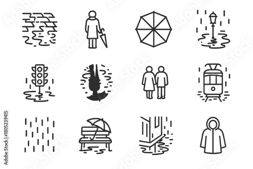 Rainy Street Icon Set. Umbrella Reflections. Line outline icon set of rainy street photography: wet