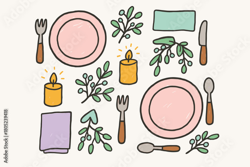 Festive Table Doodle. "Holiday table flat lay". Naive doodle of holiday dinner setup — plates, utensils,