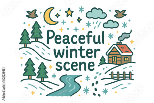 Peaceful Winter Wonderland. Peaceful winter scene. Hand-drawn doodle illustration of peaceful winter scene.