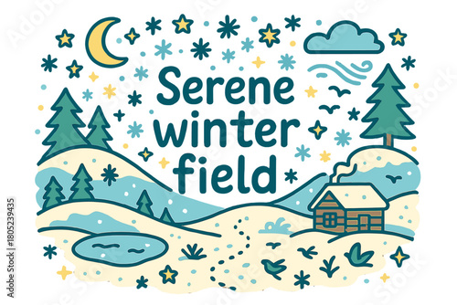 Serene Winter Field. Serene winter field. Hand-drawn doodle illustration of serene winter field. Snowy hills,