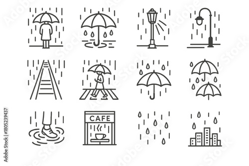 Monochrome Rain Icons. Monochrome Rain Scene. Line outline icon set of artistic umbrella photography: lone
